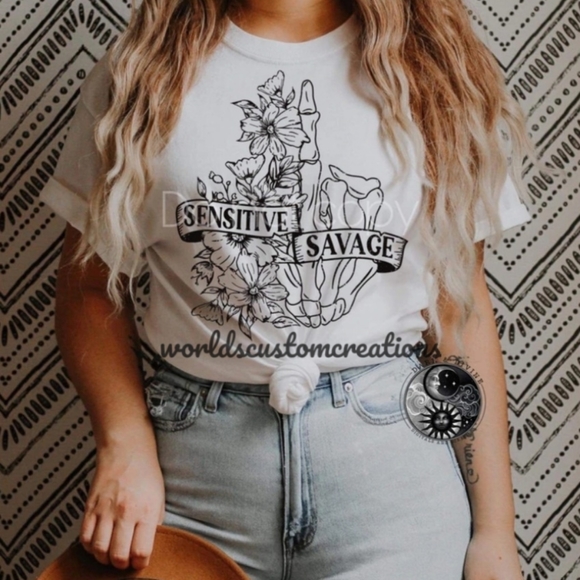 Tops - Sensitive savage floral middle finger tee